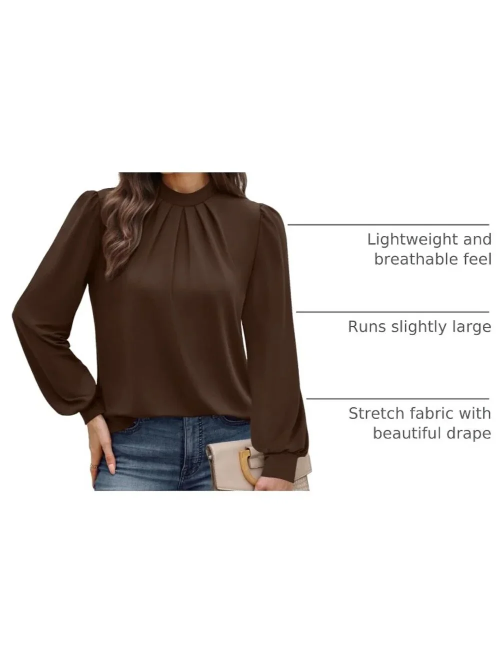 Women's Brown Long Sleeve Shirts Pleated Front Blouses Dressy Mock Neck Tops